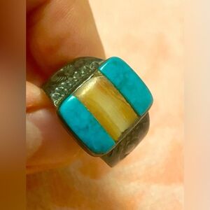 Native American Navajo Turquoise and Amber Sterling Silver Ring